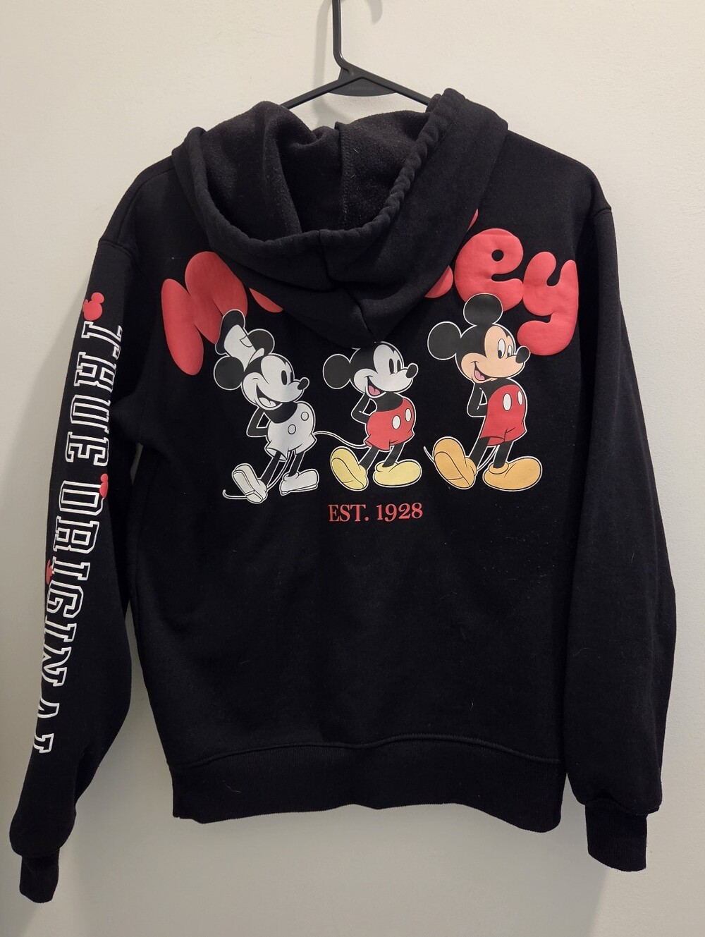 Disney True Original Mickey Mouse Zip Up Hoodie Black Graphic Sweatshirt Retro